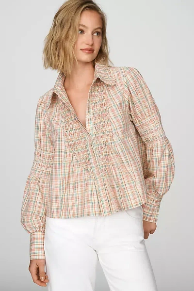 Maeve 100% Cotton Smocked Buttondown Shirt In Neutral