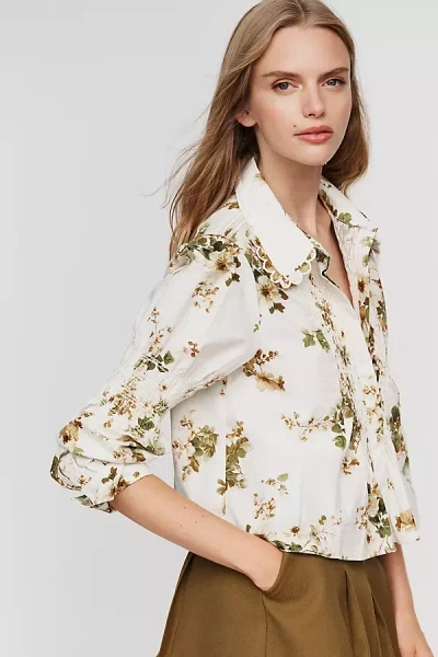 Maeve 100% Cotton Smocked Buttondown Shirt In White