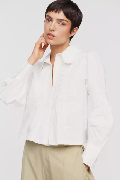 Maeve 100% Cotton Smocked Buttondown Shirt In White