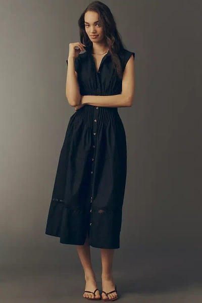 Maeve 100% Cotton Waisted Midi Shirt Dress In Black