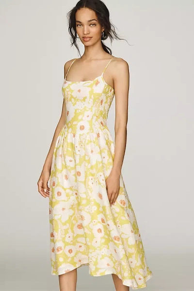Maeve 100% European Linen Drop Waist Midi Dress In Multi