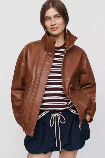 Maeve 100% Leather Funnel Neck Jacket In Brown