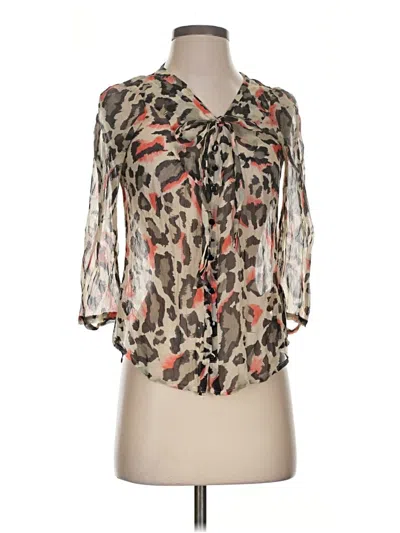 Pre-owned Maeve 3/4 Sleeve Silk Top Brown Animal Print Pattern Tie Neck Tops
