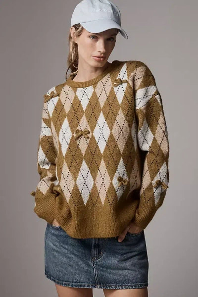 Maeve 3d Bow Argyle Crewneck Sweater In Brown