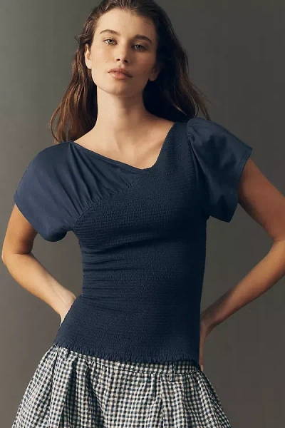 Maeve Asymmetrical Flutter Sleeve Tee In Blue