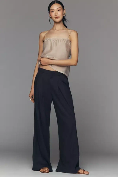 Maeve Avery European Linen Stretch Pleated Wide Leg Trousers Pants In Blue