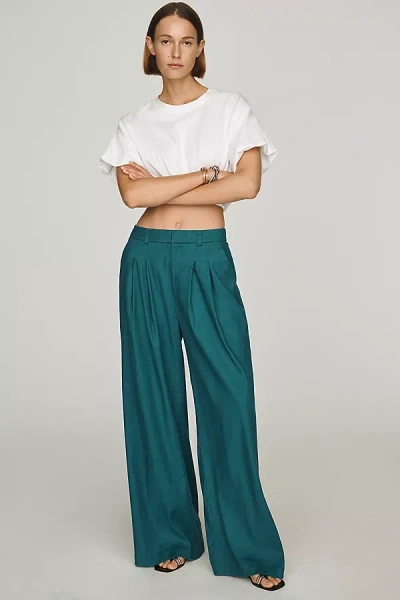Maeve Avery European Linen Stretch Pleated Wide Leg Trousers Pants In Green