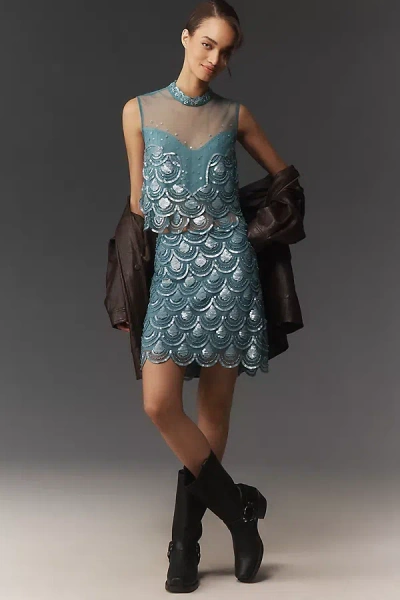 Maeve Beaded Scallop Sequin Knee-length Skirt In Blue