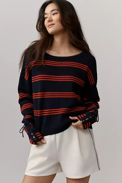 Maeve Boat-neck Lace-up-sleeve Sweater In Black