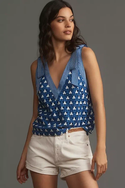 Maeve Bow-shoulder Lace Stitched Tank Top In Blue