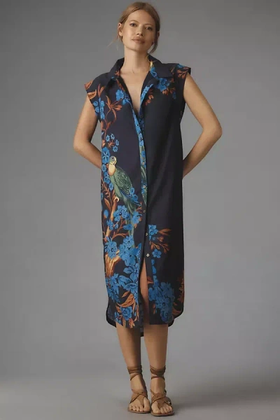 Maeve Cap-sleeve Button-front Midi Dress In Blue