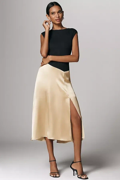 Maeve Cap-sleeve Asymmetric Twofer Midi Dress In Black