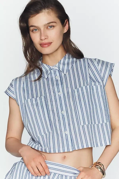 Maeve Cap-sleeve Crop Buttondown Top In Blue