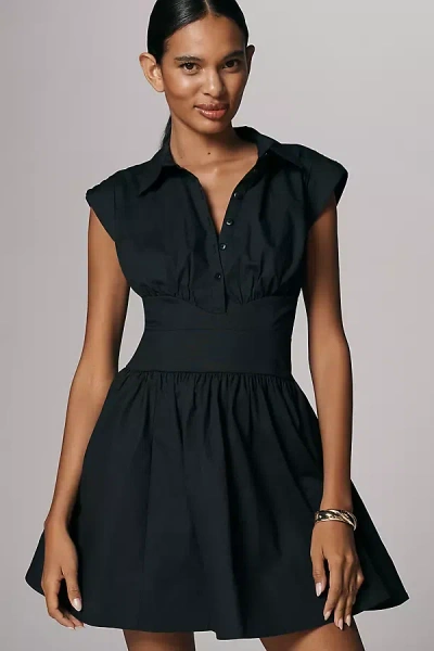Maeve Cap-sleeve Waisted Mini Shirt Dress In Black