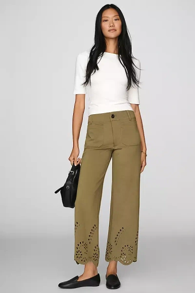 Maeve Colette Knit Cutwork High-rise Wide-leg Cropped Pants In Green