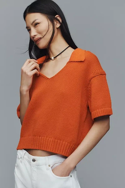 Maeve Collared V-neck Ribbed Hem Short-sleeve Sweater In Orange