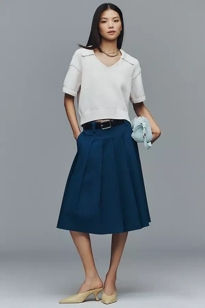 Maeve Collared V-neck Ribbed Hem Short-sleeve Sweater In White