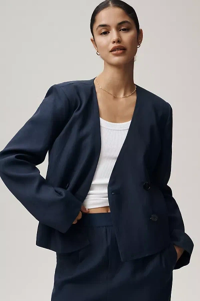 Maeve Collarless Cropped Blazer Jacket In Blue