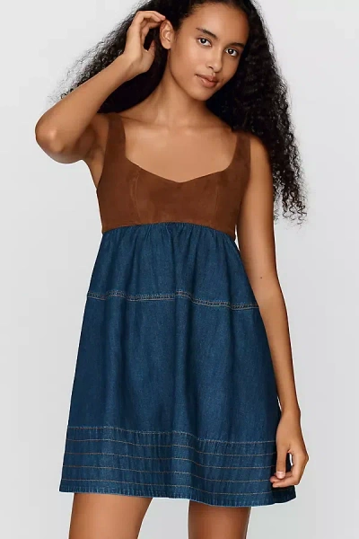 Maeve Contrast Denim Mini Dress In Blue