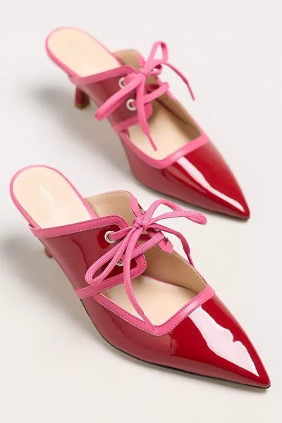 Maeve Contrast Lace-up Kitten-heel Mules In Red