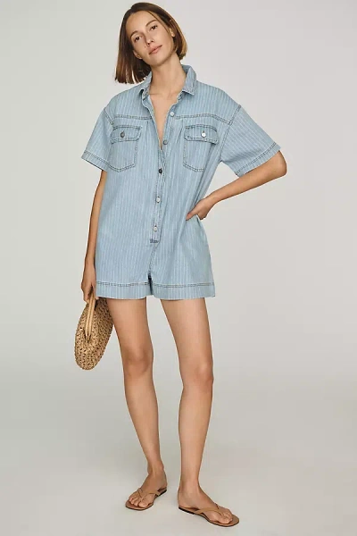 Maeve Cotton Denim Buttondown Romper In Blue