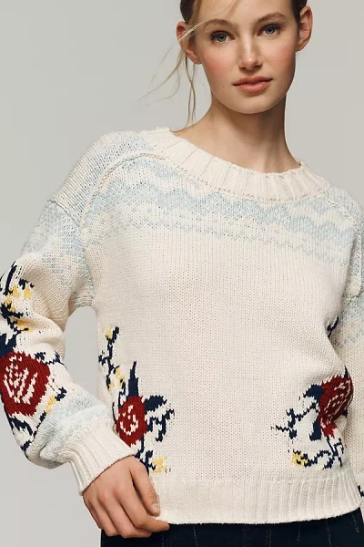 Maeve Cotton Long-sleeve Boat-neck Floral Fairisle Sweater In White