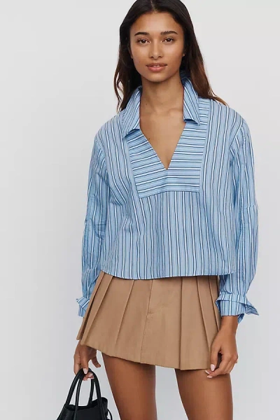 Maeve Cotton Poplin Blend Cropped Henley Top In Blue