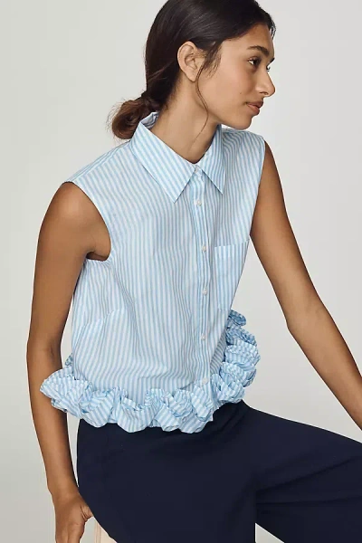 Maeve Cotton Ruffle Buttondown Shirt In Blue