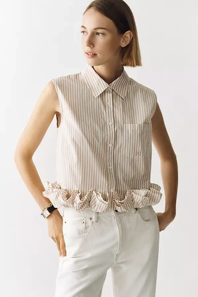 Maeve Cotton Ruffle Buttondown Shirt In Brown