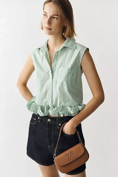 Maeve Cotton Ruffle Buttondown Shirt In Green