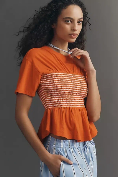 Maeve Cotton Smocked Tee In Brown