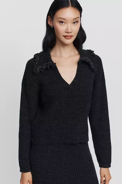Maeve Cotton Wool Ribbed & Ruffled Knit Top In Black