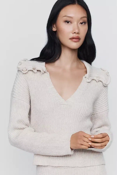 Maeve Cotton Wool Ribbed & Ruffled Knit Top In Gray