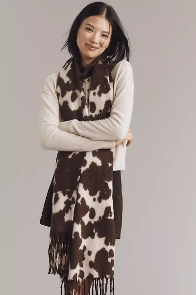 Maeve Cow Print Brushed Fringe Scarf In Brown