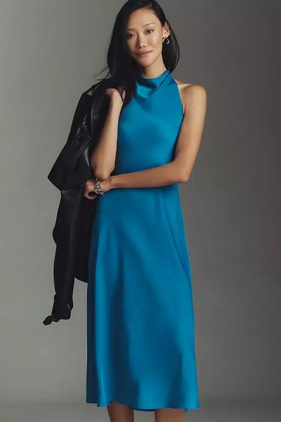 Maeve Cowled Halter Open-back Midi Dress In Blue