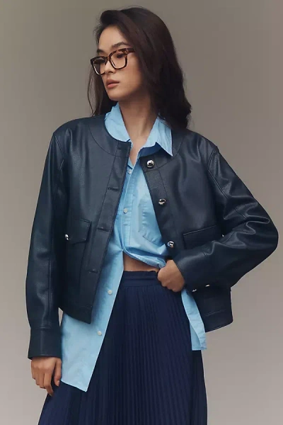 Maeve Crew-neck Faux-leather Jacket In Blue