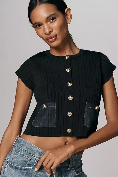 Maeve Cropped Mixed Short-sleeve Sweater In Black