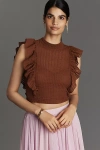 Maeve Cropped Ruffle Mesh Top In Brown