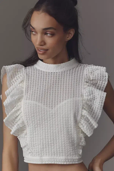 Maeve Cropped Ruffle Mesh Top In White