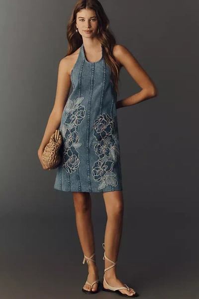 Maeve Deco Denim Halter Dress In Blue