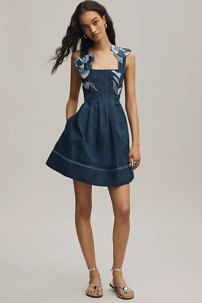 Maeve Denim Embroidered Fit & Flare Midi Dress In Blue