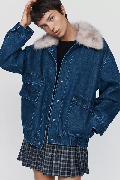 Maeve Denim Faux-fur Collar Barn Jacket In Medium Wash