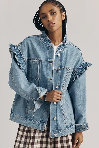 Maeve Denim Ruffle Trucker Jacket In Blue
