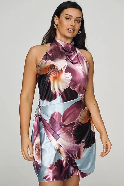Maeve Draped Halter Satin Mini Dress In Multi