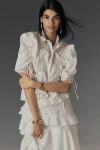 Maeve Drawstring Puff-sleeve Button-front Blouse In White
