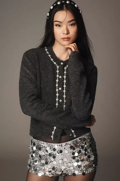 Maeve Embellished Crew-neck Cardigan Sweater In Grey