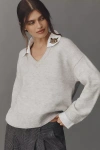 Maeve Embroidered Collared V-neck Sweater In Gray