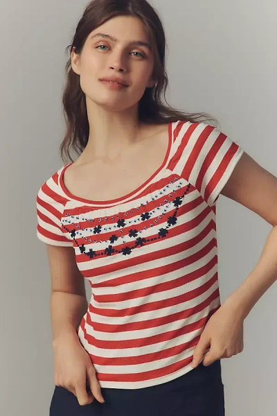 Maeve Embroidered Flowers Scoop-neck Tee In Red