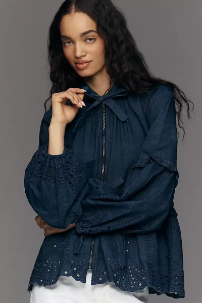Maeve Embroidered Hooded Denim Jacket In Blue