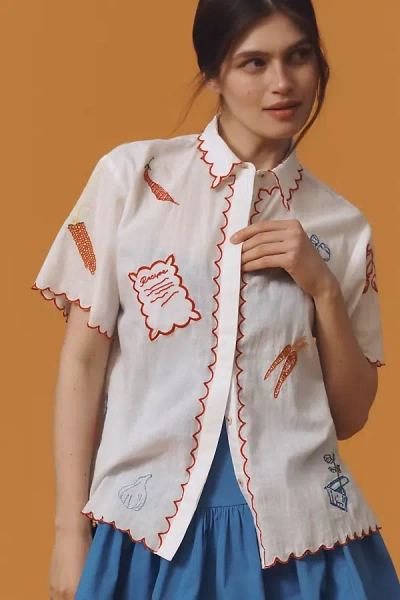 Maeve Embroidered Icon Buttondown Surf Shirt In White